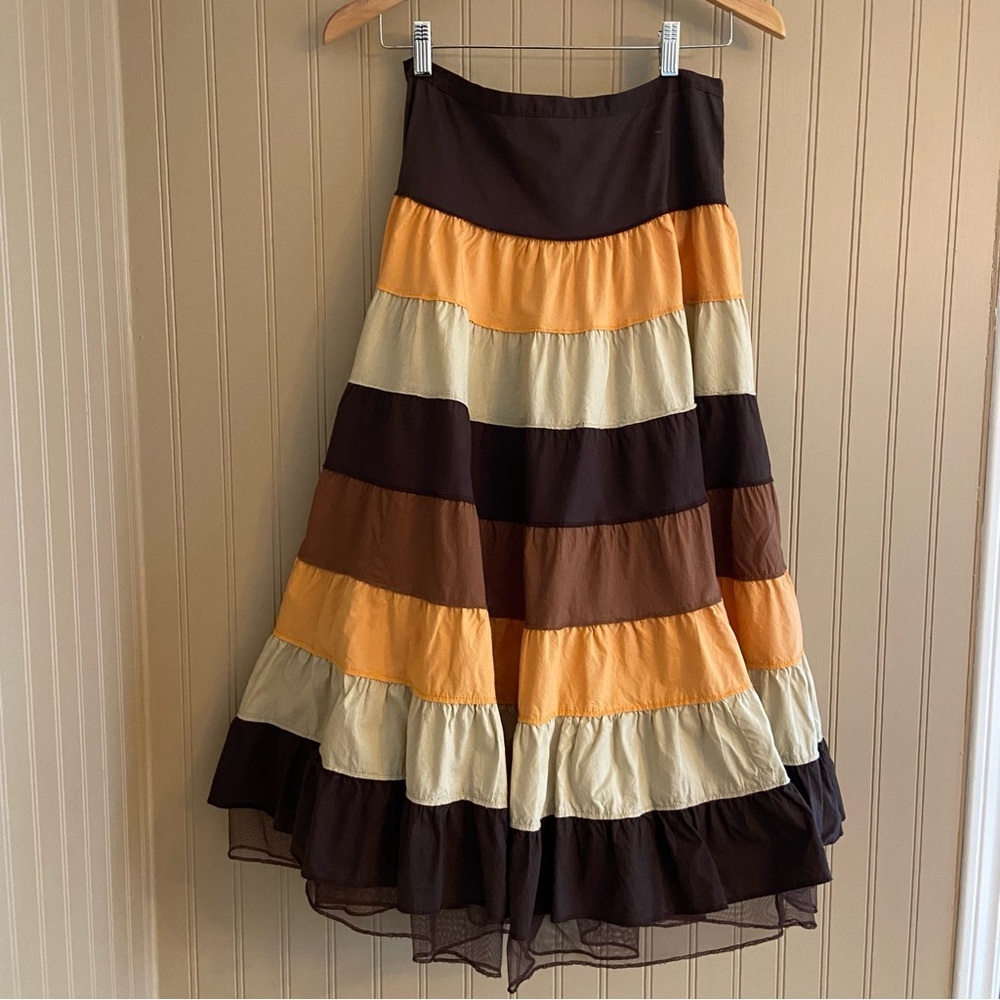 Jessica Brown, Yellow & Cream Tiered Maxi Skirt with Brown Panels